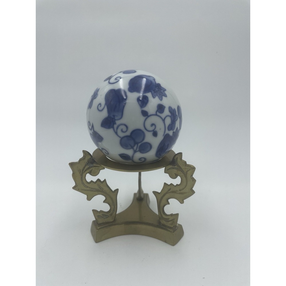 Vintage Blue White Ceramic Sphere on Tripod Brass Stand Classic‎ Home Decor